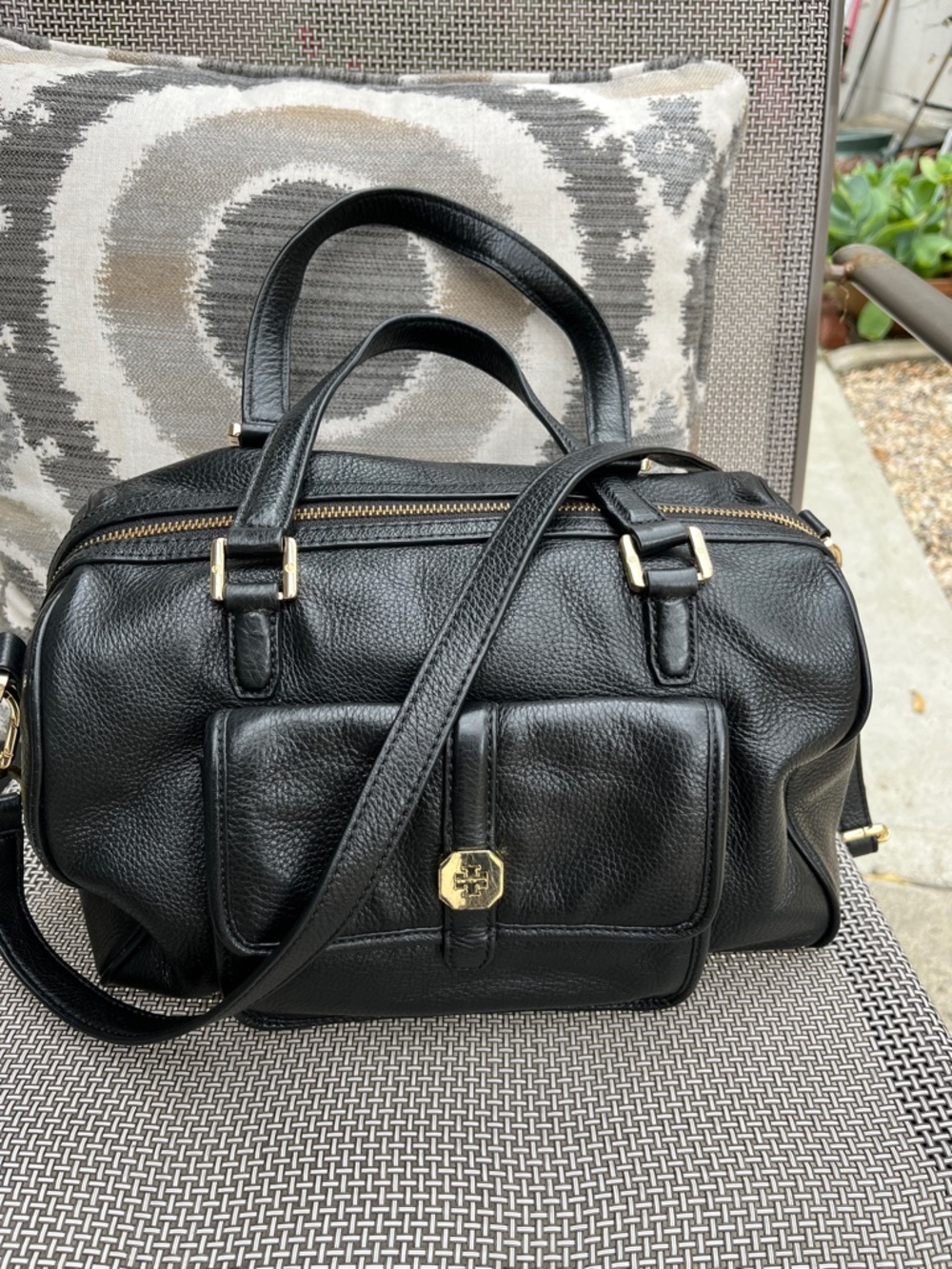 Tory Burch Black Pebbled Leather Crossbody And Satchel with Gold Hardware